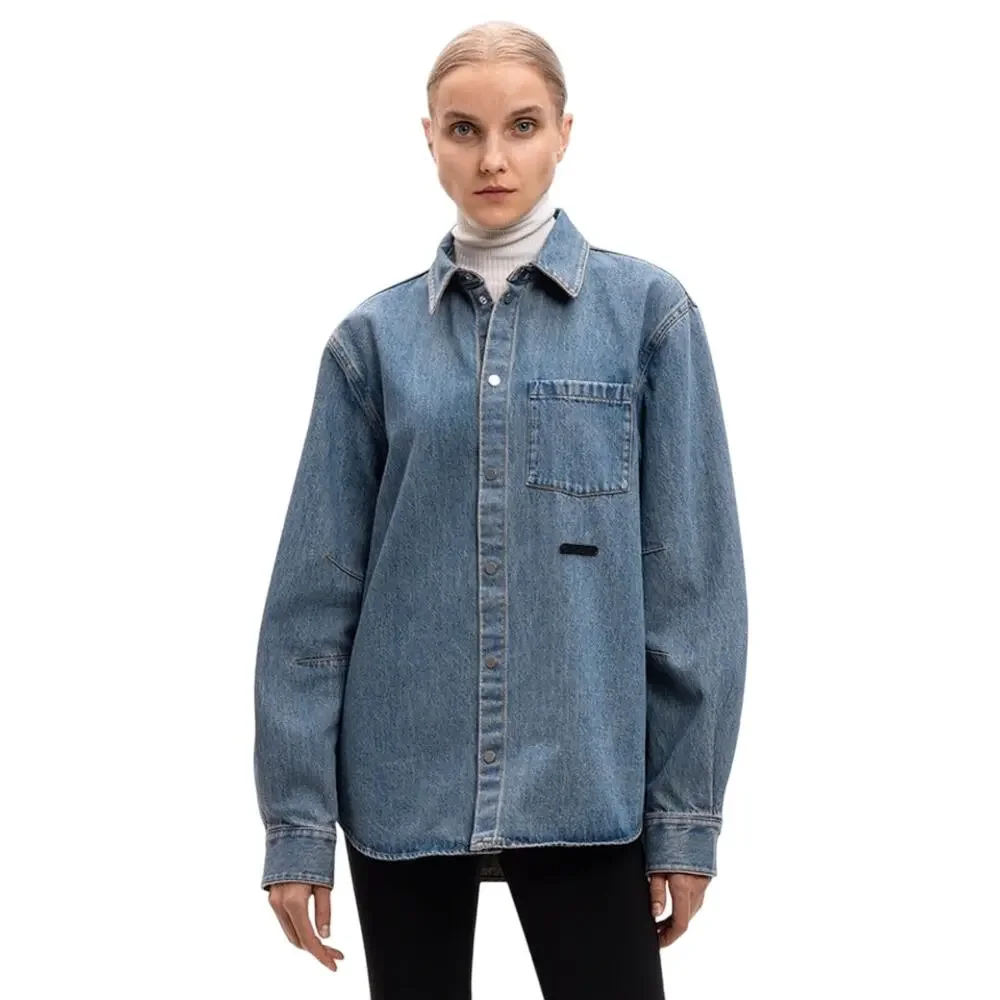 Helmut Lang Collared Shirt Blue Logo Long Sleeve Cotton Denim Women's Size Large
